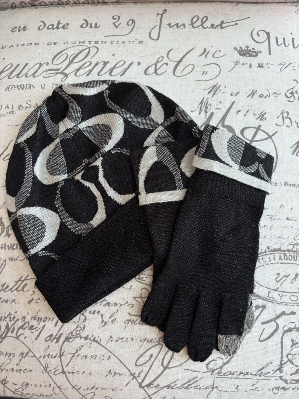 Coach Black and Silver Signature Beanie with Touchscreen Gloves